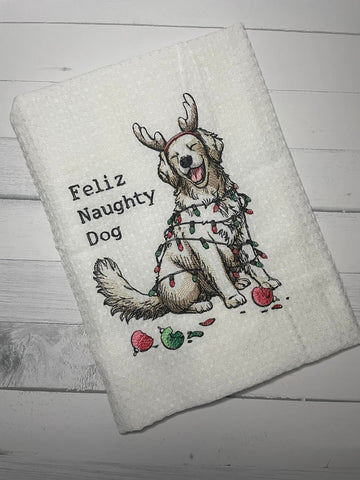 Embroidered Tea Towel Naughty Dog